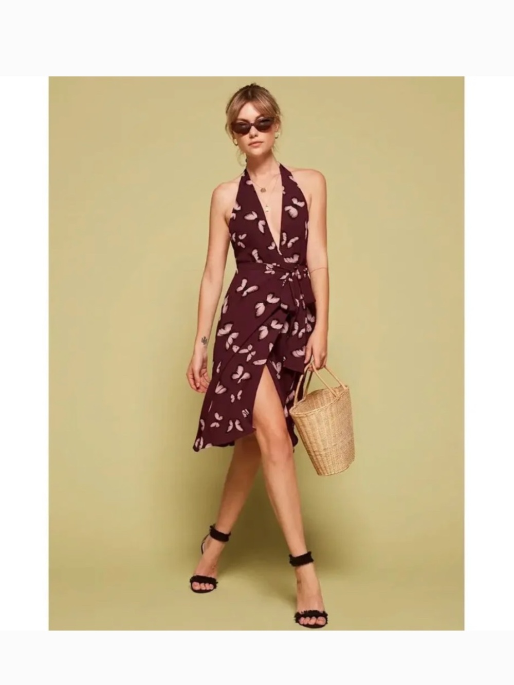 Reformation Johnson Dress Wrap Halter Tie Butterfly Print Burgundy, small
